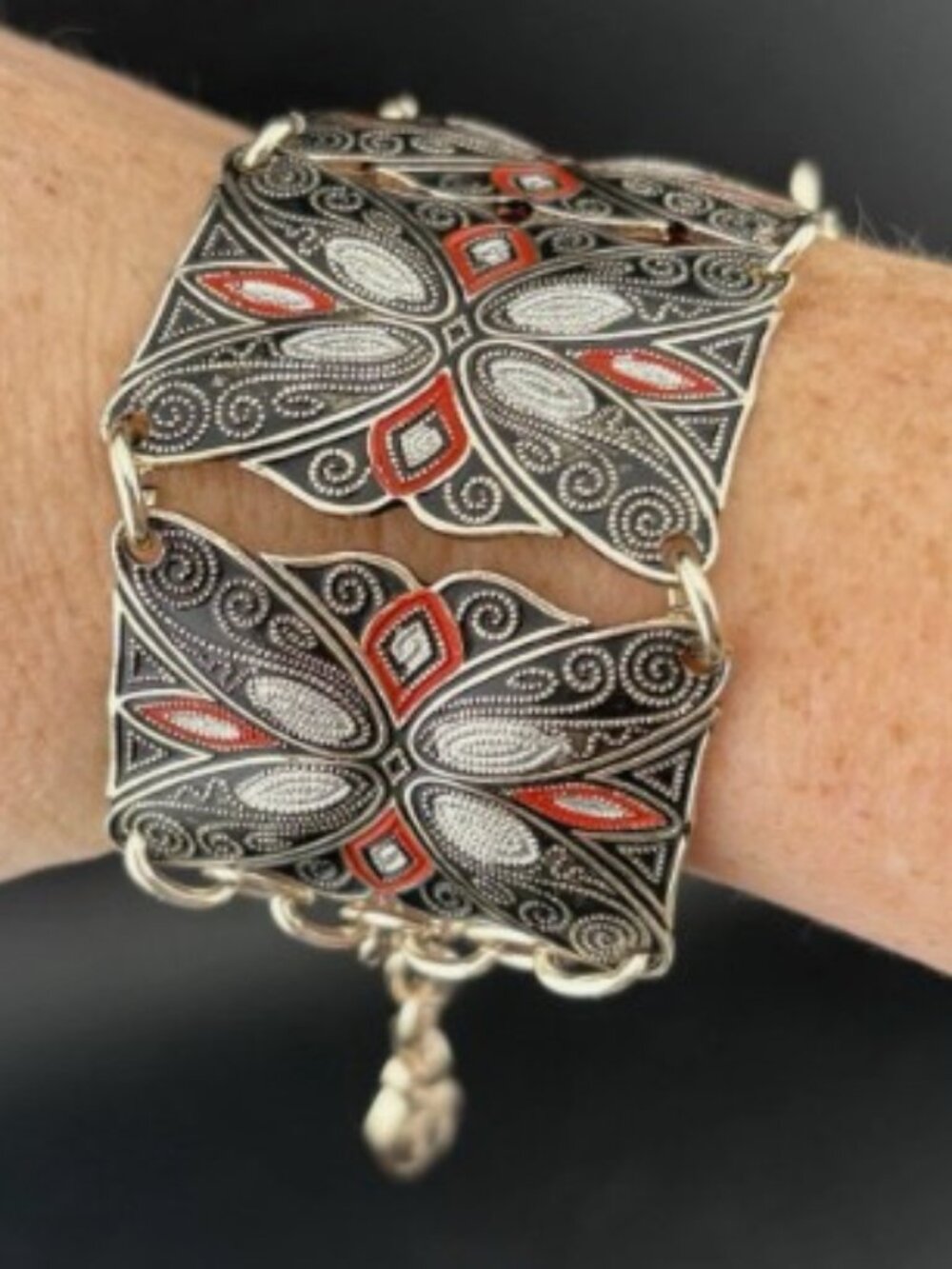 Vintage West German Eloxal Aluminum Filigree Panel Bracelet Red Black Silver